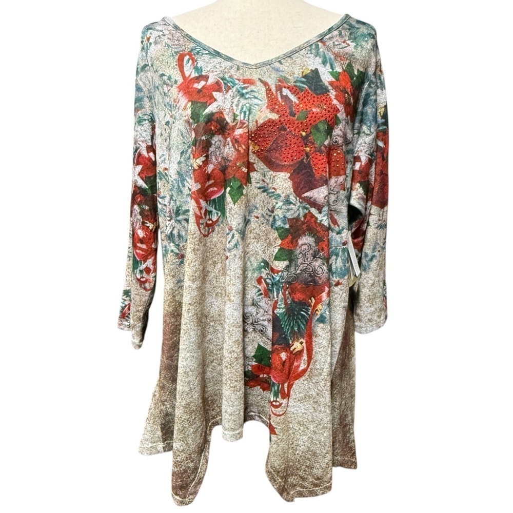 One World NWT Poinsettia Holiday Asymmetrical Top 2X Rhinestone Floral Christmas